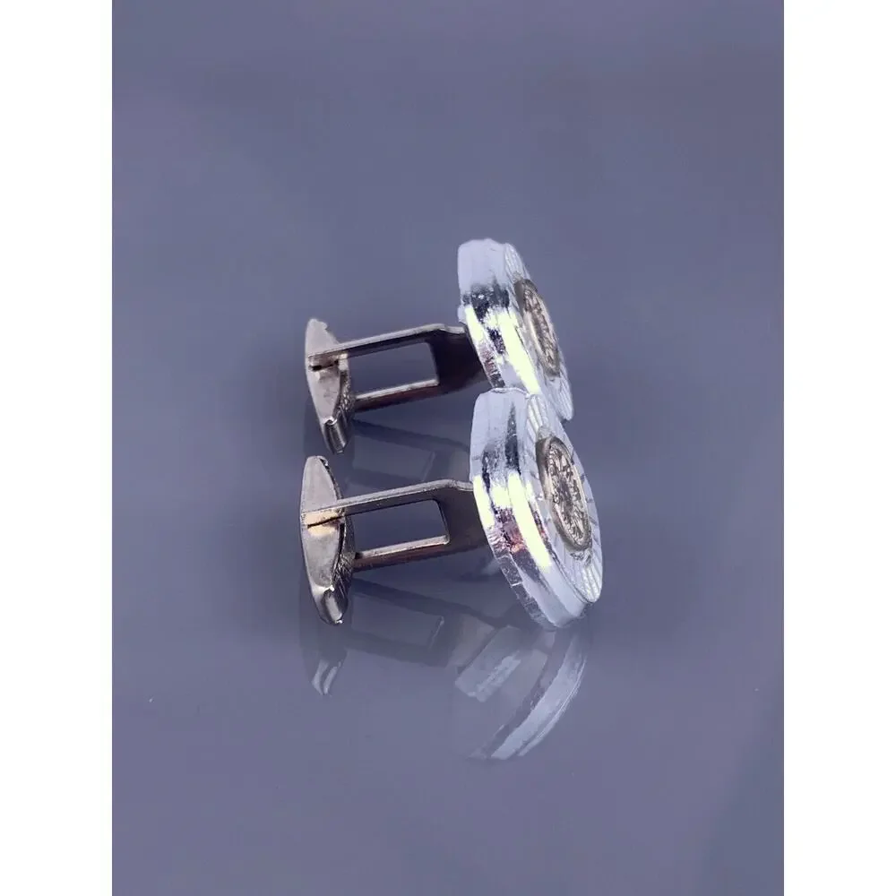 Etched Rays Art Deco Style Cufflinks Silver Tone Flower Trees Square Vintage